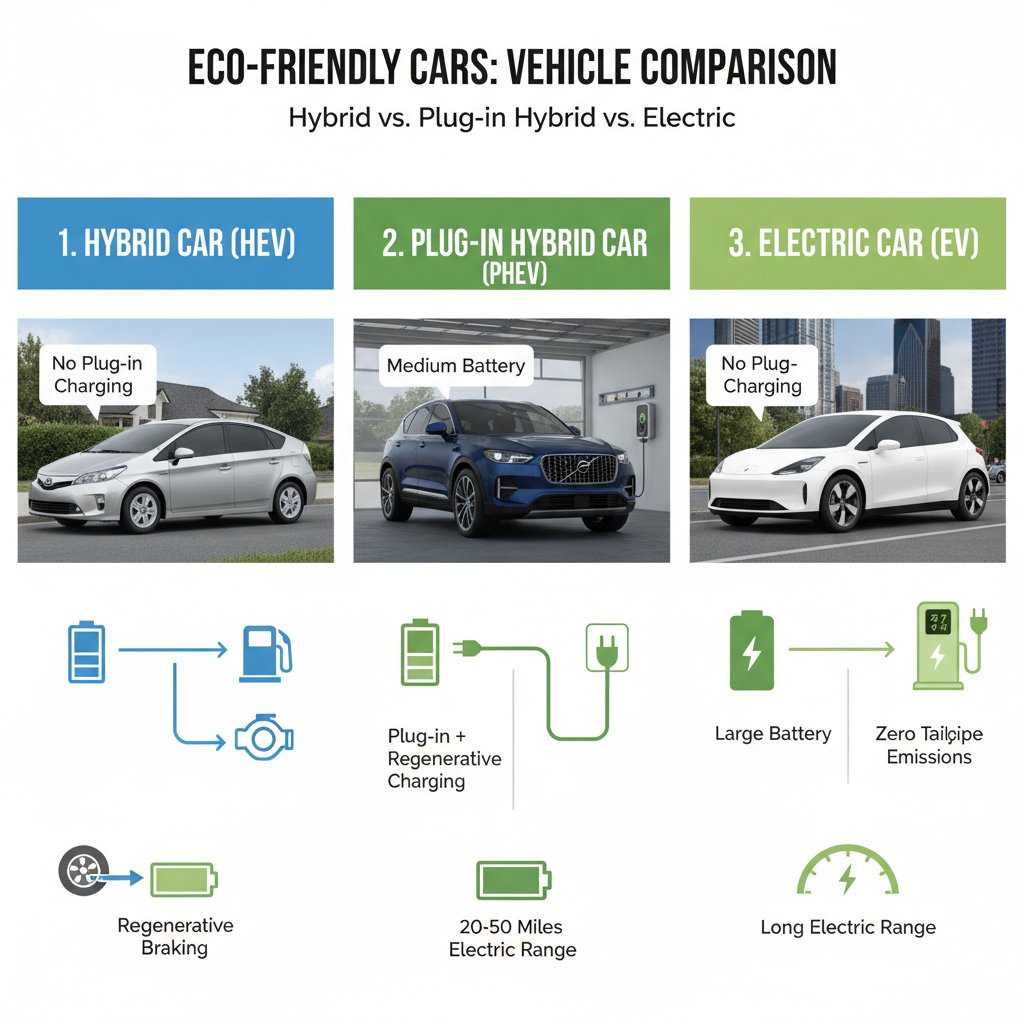 Row of hybrid, plug-in hybrid, and electric vehicles parked for comparison