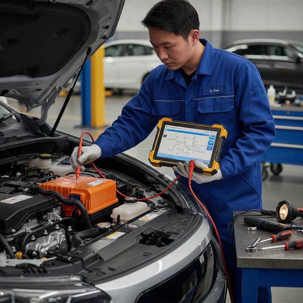 Hybrid technician performing maintenance check with diagnostic tool