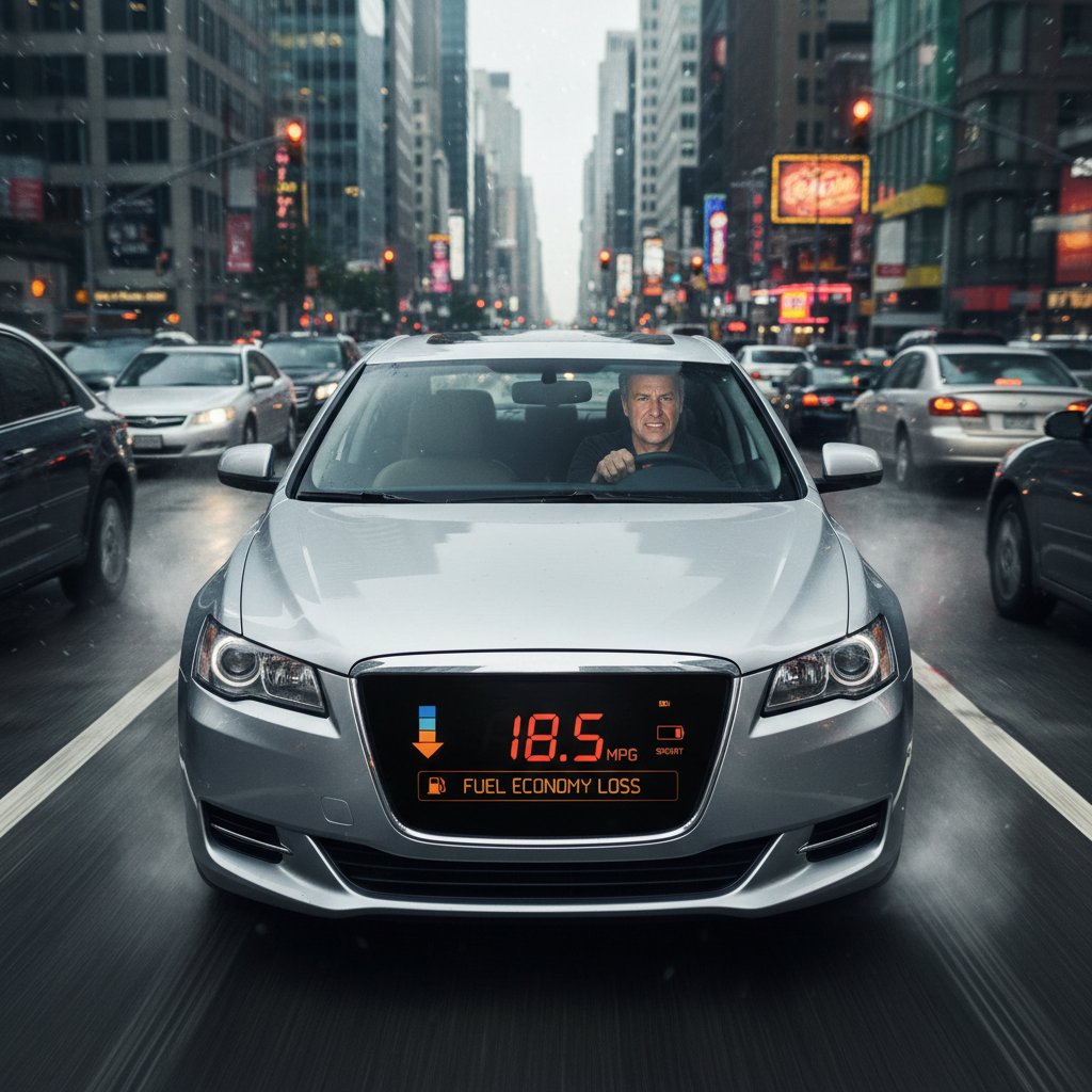 Aggressive driving with hybrid car in city, urban nighttime scene