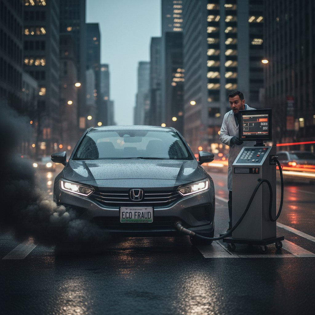 Hybrid car in urban emissions test with city lights, highlighting test cycle discrepancies