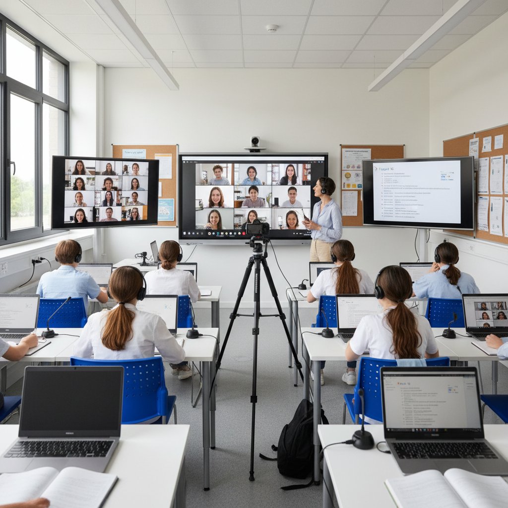 Nowoczesna klasa z nauczycielem prowadzącym lekcję hybrydową, uczniowie na miejscu i online