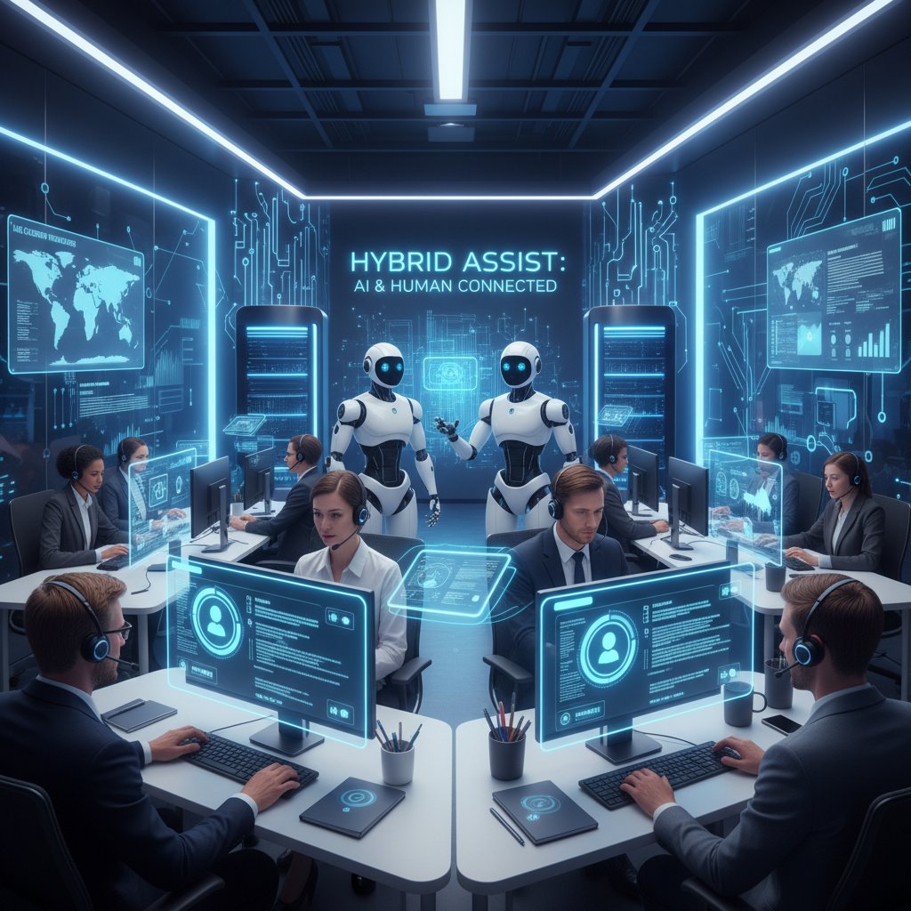 Hybrid customer support team at work: human agents and chatbot avatars together