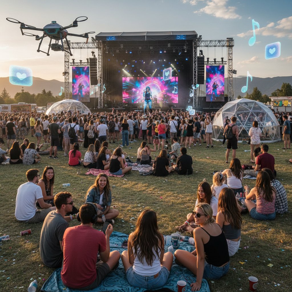 Wydarzenie hybrydowe – młodzi ludzie uczestniczący w koncercie na żywo, część śledzi transmisję online