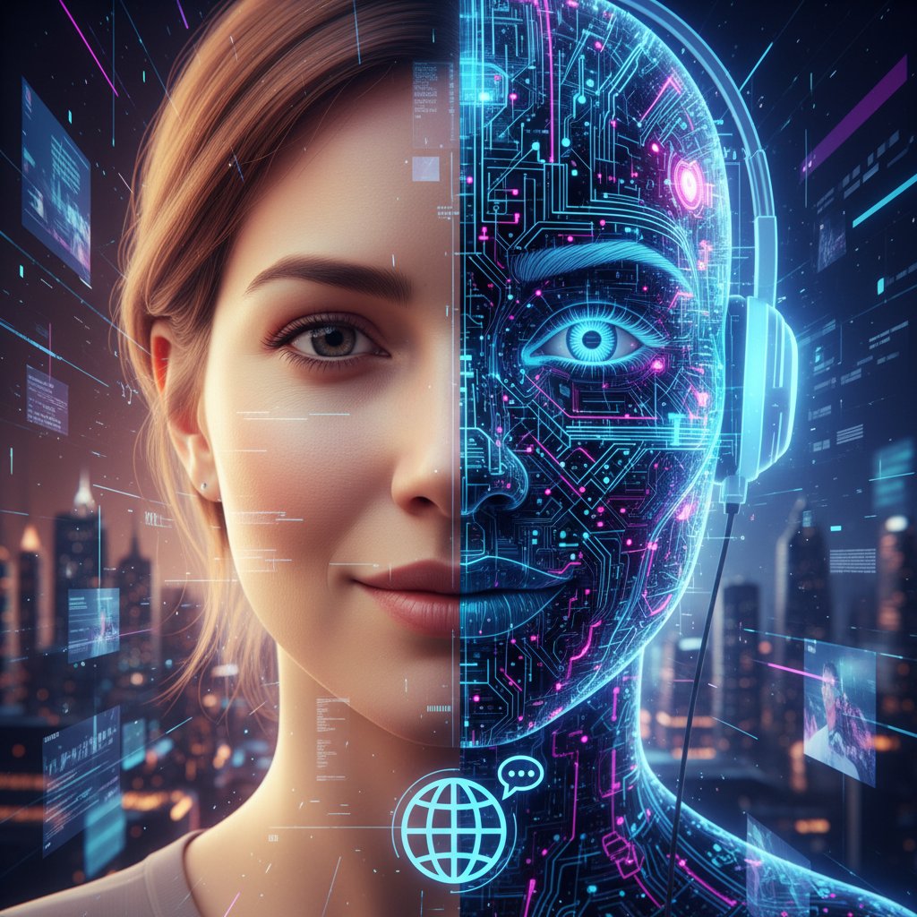 Hybrid human-AI agent symbolizes the future of customer support, half-human half-digital face, symbolic portrait, moody lighting