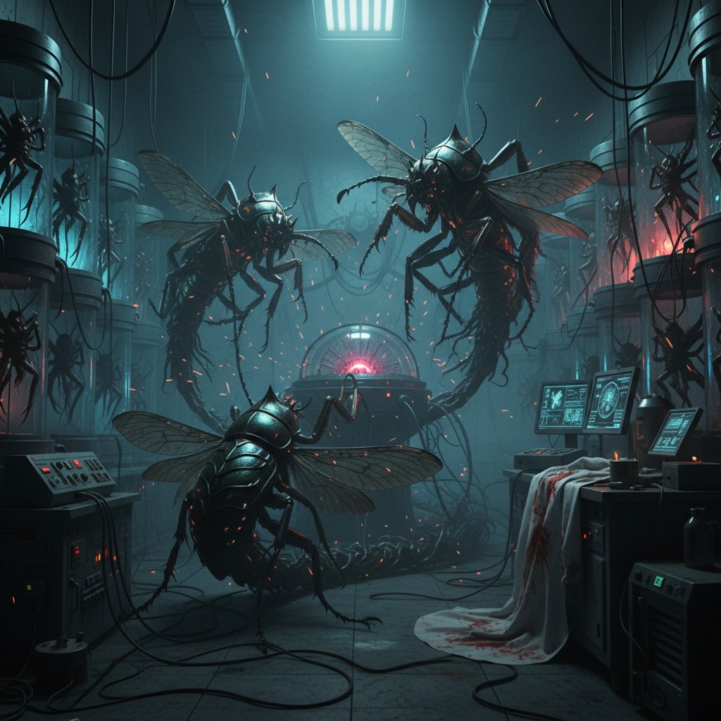 Artistic concept art of hybrid insect creatures in a shadowy lab environment, atmospheric, edgy, detailed, killer insect movies