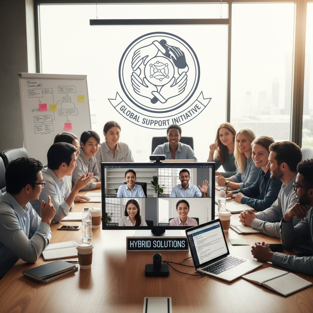 Mała grupa podczas spotkania hybrydowego: część osób w sali, część online na ekranie