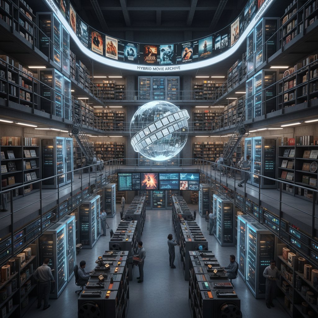 High-contrast photo of a hybrid physical-digital movie archive, atmospheric warehouse, English alt text