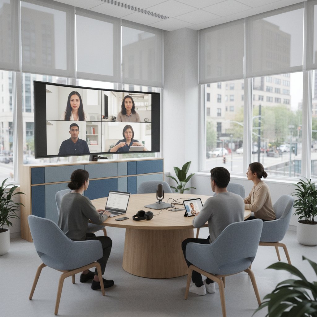 Spotkanie grupy wsparcia, część osób online, część offline, nowoczesna sala