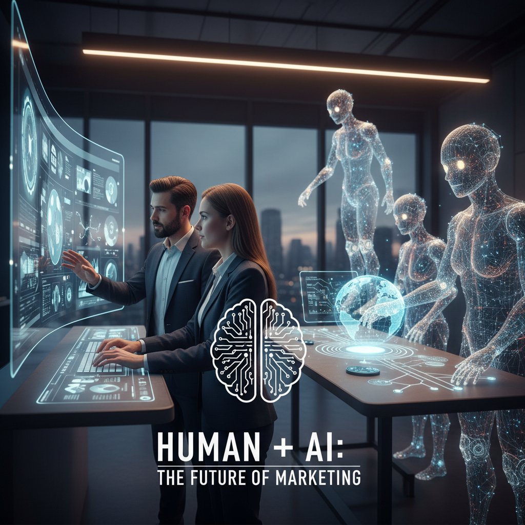 Zespół hybrydowy: ludzie i AI wspólnie pracujący nad kampanią marketingową