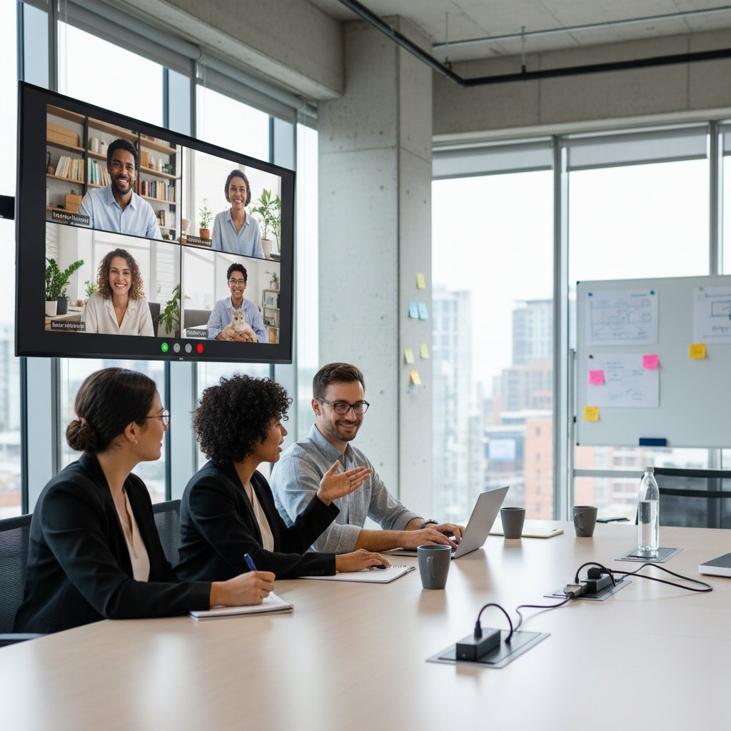 Zespół pracujący hybrydowo – część osób w biurze, część online na ekranie