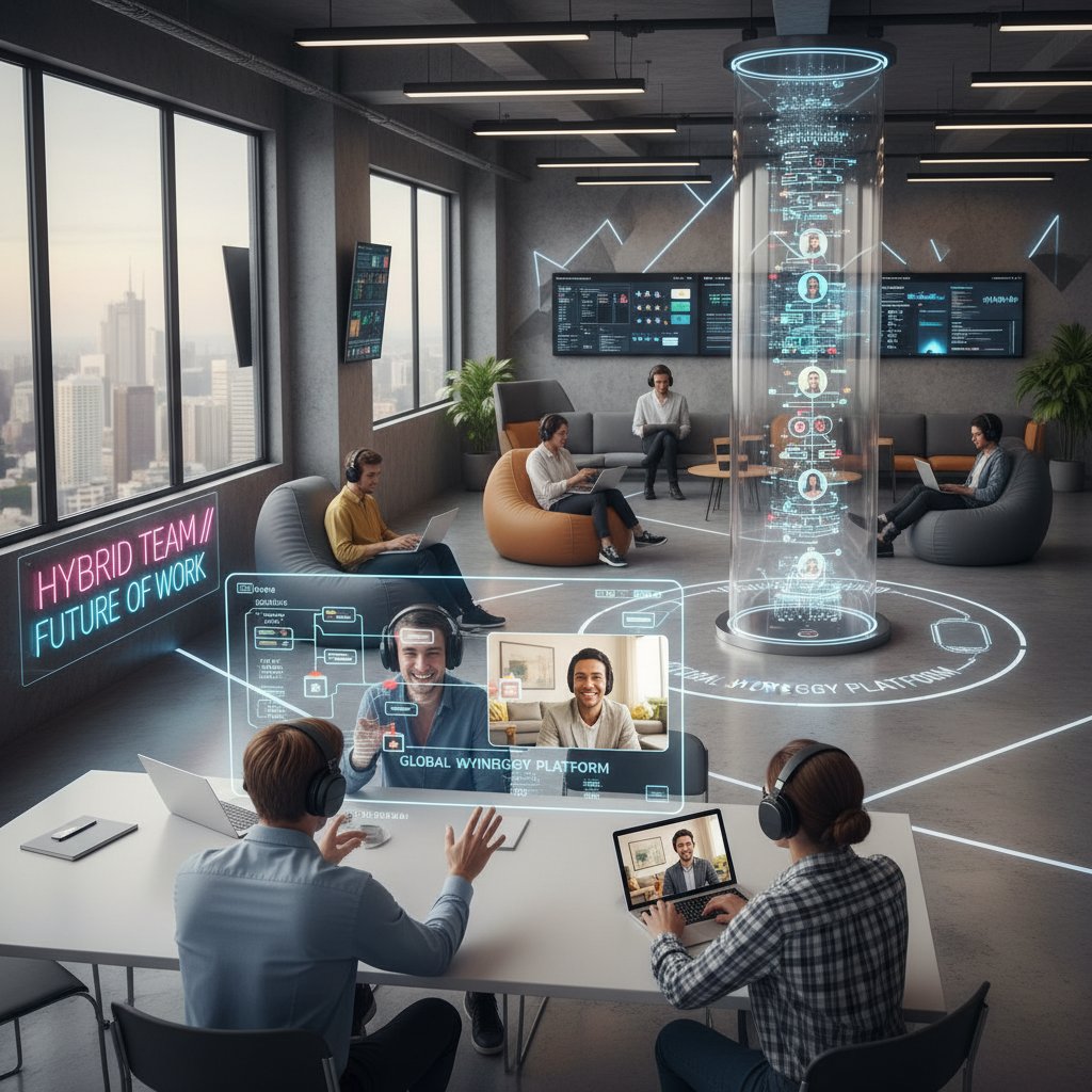 Hybrid team of remote and in-office workers collaborating with digital workflow coordinator, digital workflow management