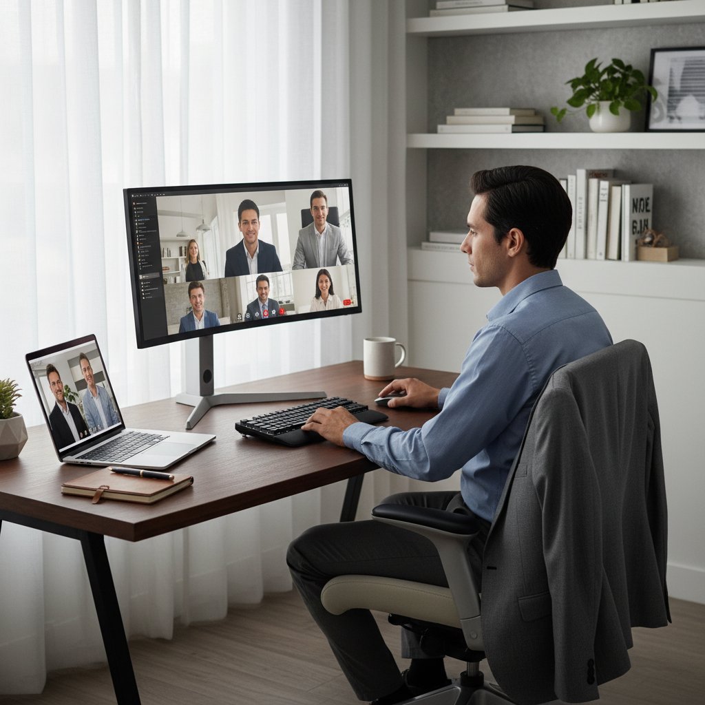 Stylizacja do pracy hybrydowej: osoba w biurze i w domu, płynne przejście stylu