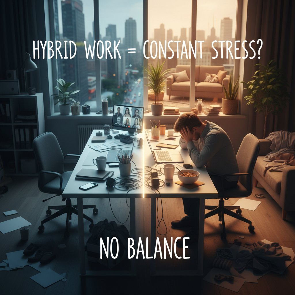 Hybrid work challenges driving staff fix demand: split scene of an empty office and a busy home workspace, both showing visible stress indicators and digital overload