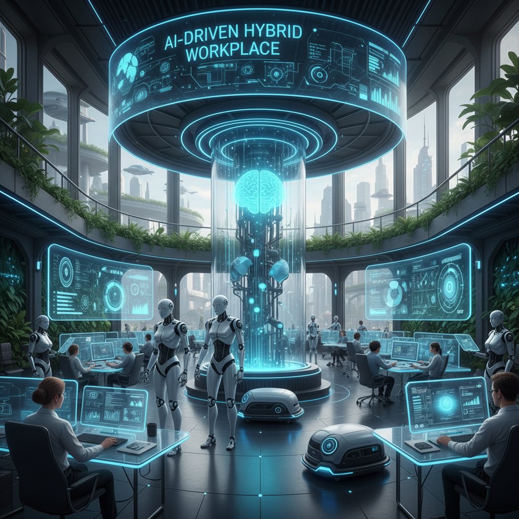 Hybrid workforce adapting to AI-driven staff fixes: futuristic office scene with humans and AI working together
