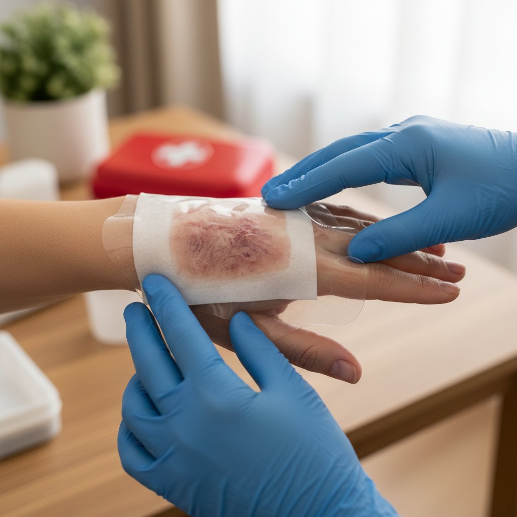 Nakładanie opatrunku hydrożelowego na skaleczenie, rękawiczki jednorazowe, domowe otoczenie