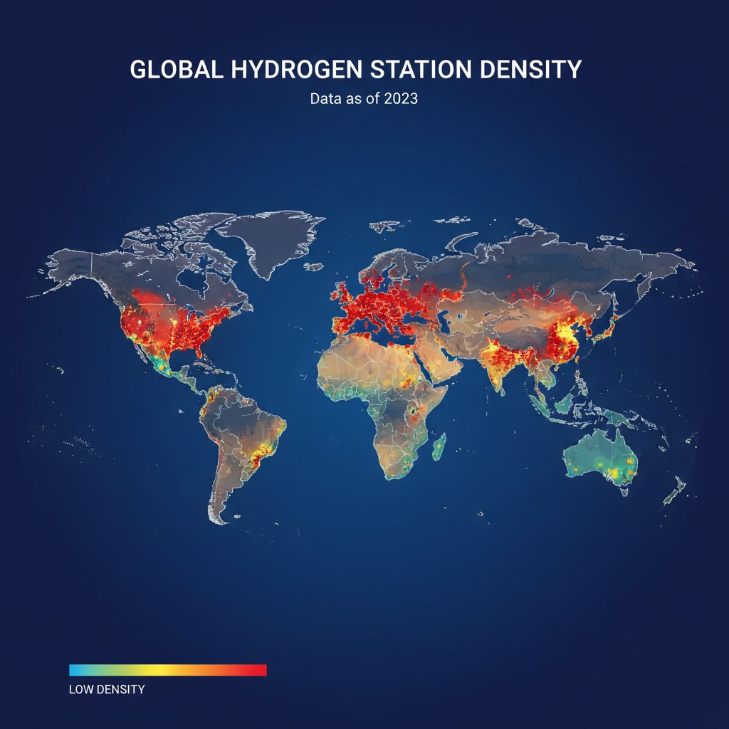 World map photo showing dense clusters of hydrogen stations in China, Japan, Germany, and South Korea