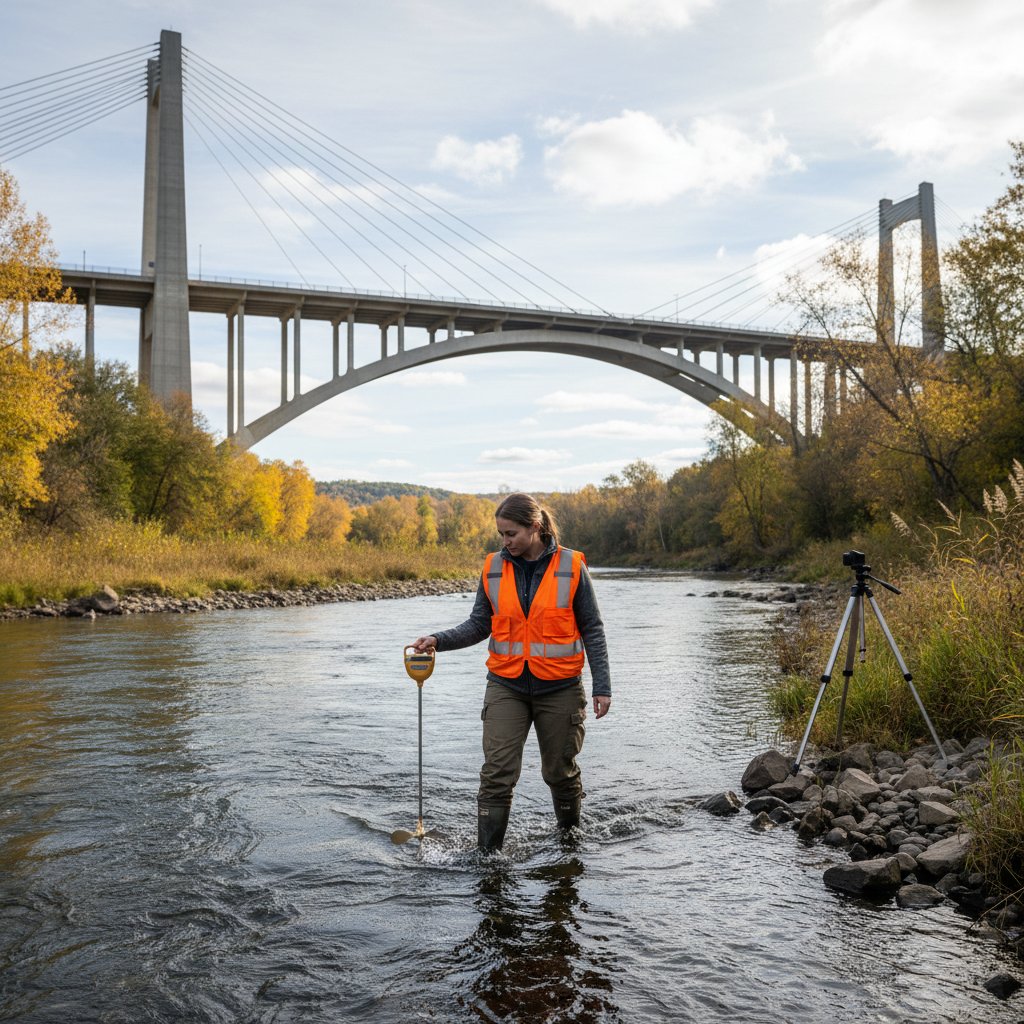 Hydrolog podczas pracy terenowej, ubrany w kamizelkę odblaskową, w tle rzeka i nowoczesny most