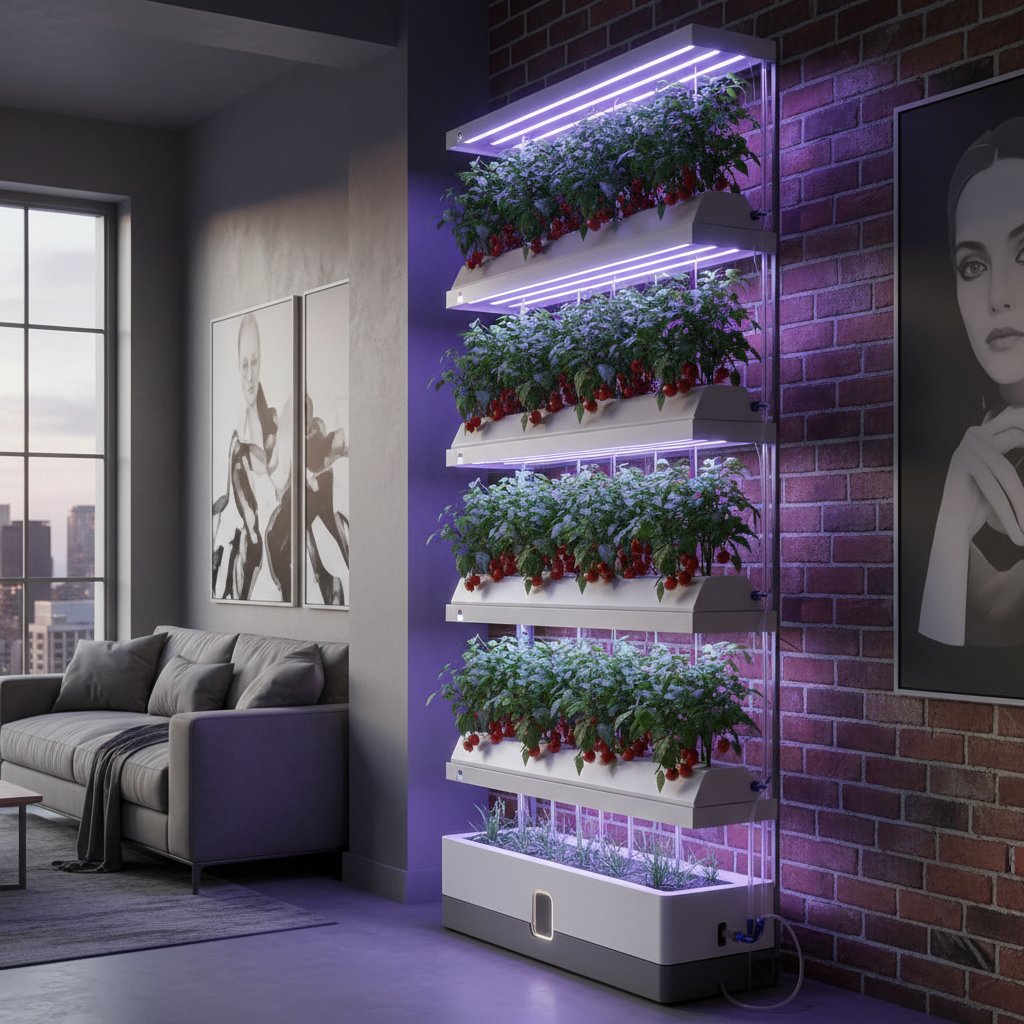 Nowoczesny system hydroponiczny z pomidorami koktajlowymi w mieszkaniu, światło LED