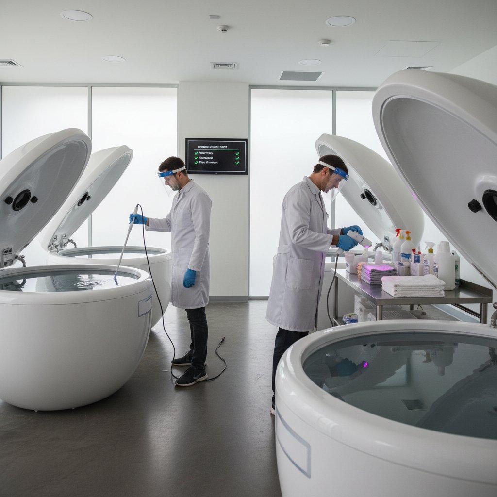 Pracownik centrum floatingowego sprawdzający czystość i bezpieczeństwo komory