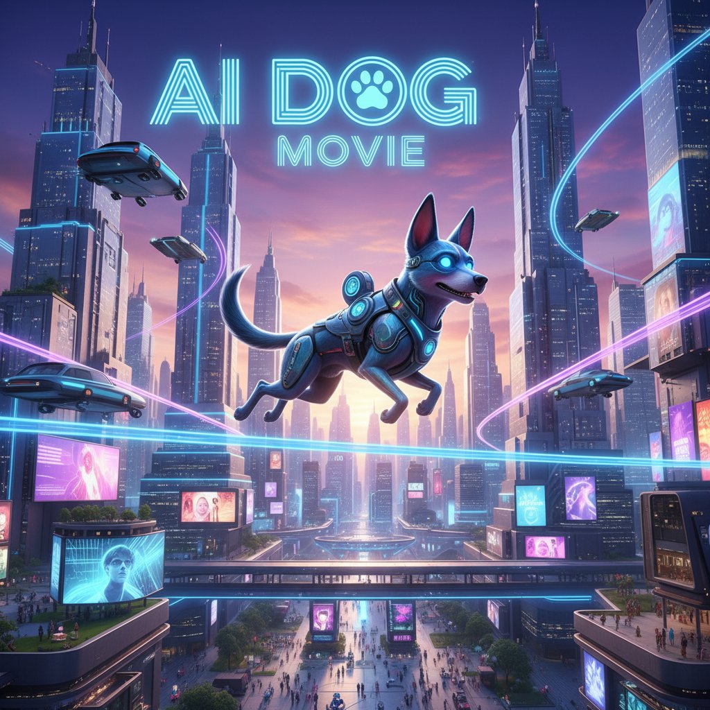 Hyperrealistic animated dog running through a digital cityscape, AI-animated dog film still