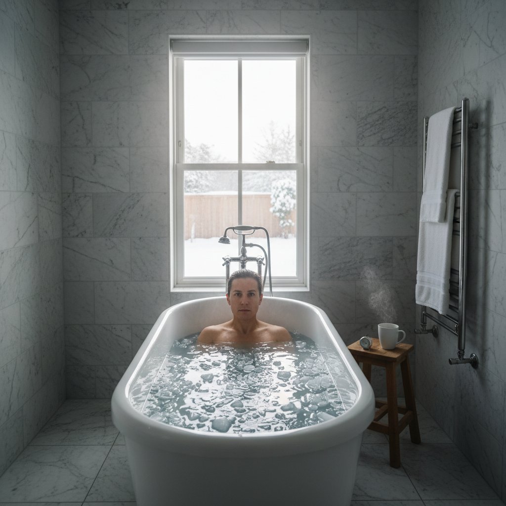 Osoba w domowej łazience zanurzona w wannie pełnej lodu, eksperyment z krioterapią