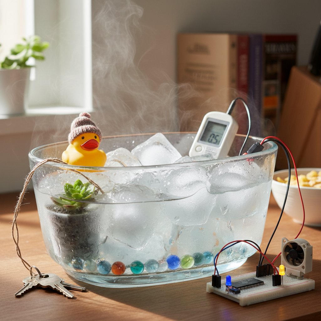 Mężczyzna zanurzający się w wannie z lodem, domowy eksperyment z krioterapią