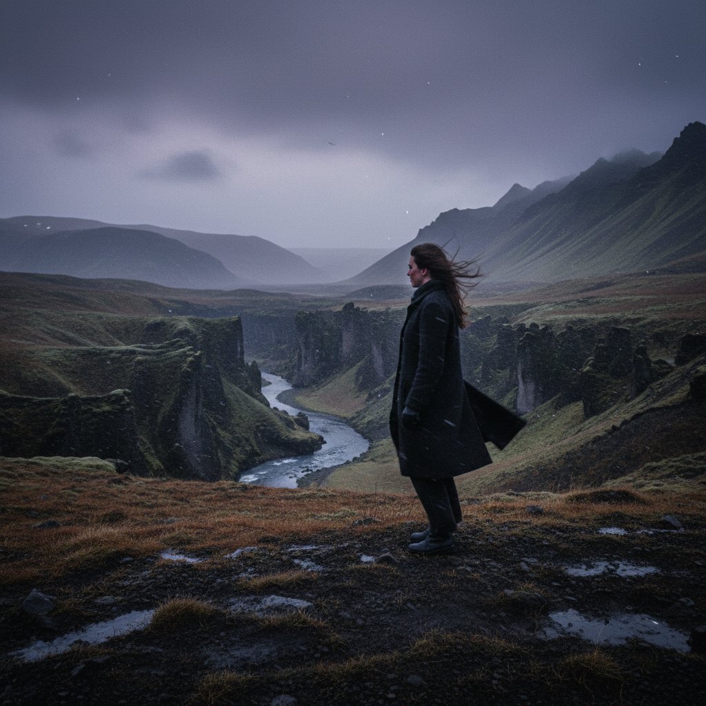 Atmospheric scene from an Icelandic indie norse mythology movie, windswept landscape, haunting and raw