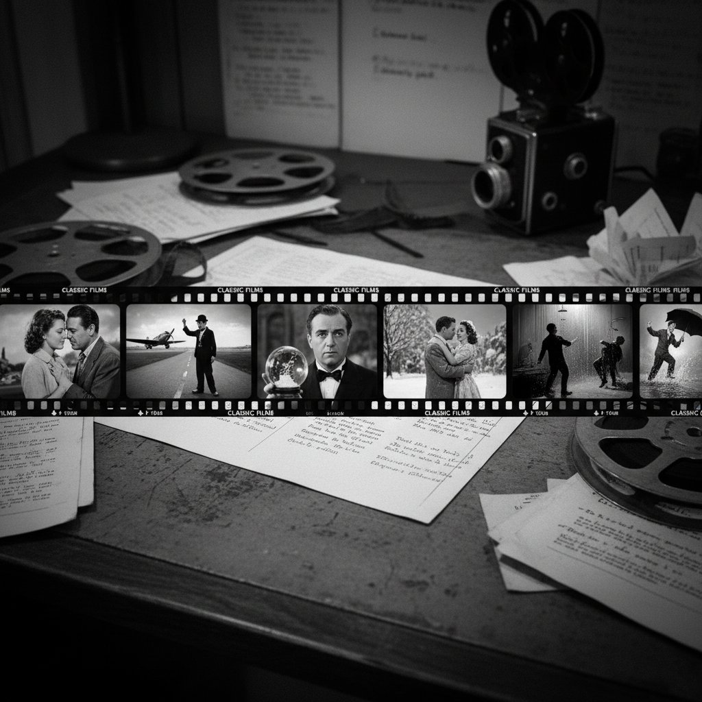 Iconic scenes from black and white film history, montage of classic film stills