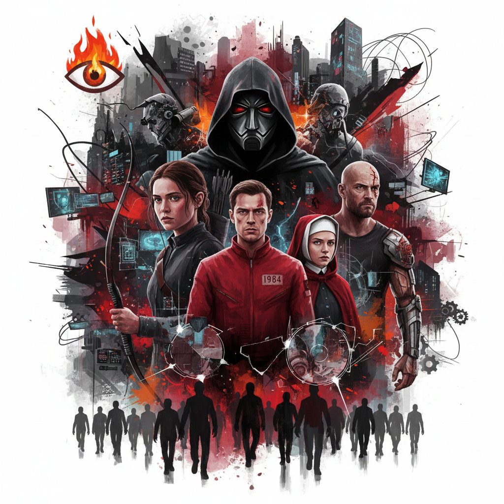Collage of iconic dystopian protagonists from movies across eras, intense mood, representing dystopian movies