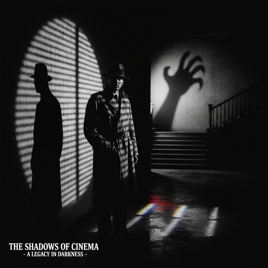 Evolution of shadow techniques in film from black-and-white to modern color, collage of iconic scenes, movie shadow cast movies keywords