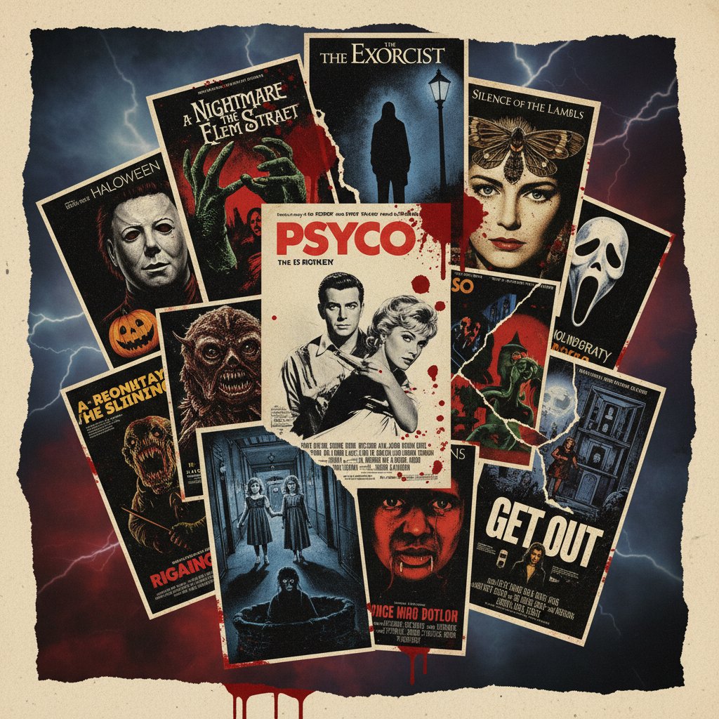 Iconic horror moments collage, decades of best horror movies