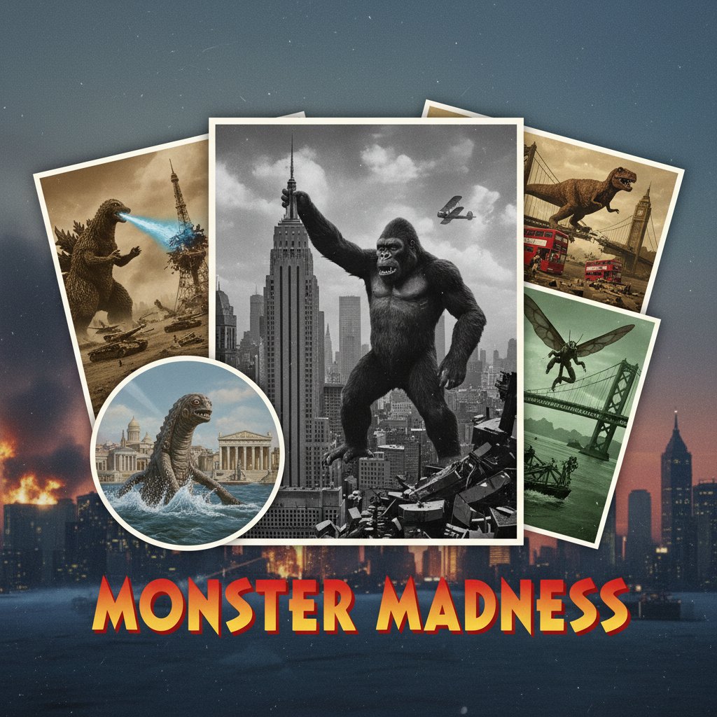 Epic photo montage of iconic movie monsters looming over a dramatic cityscape