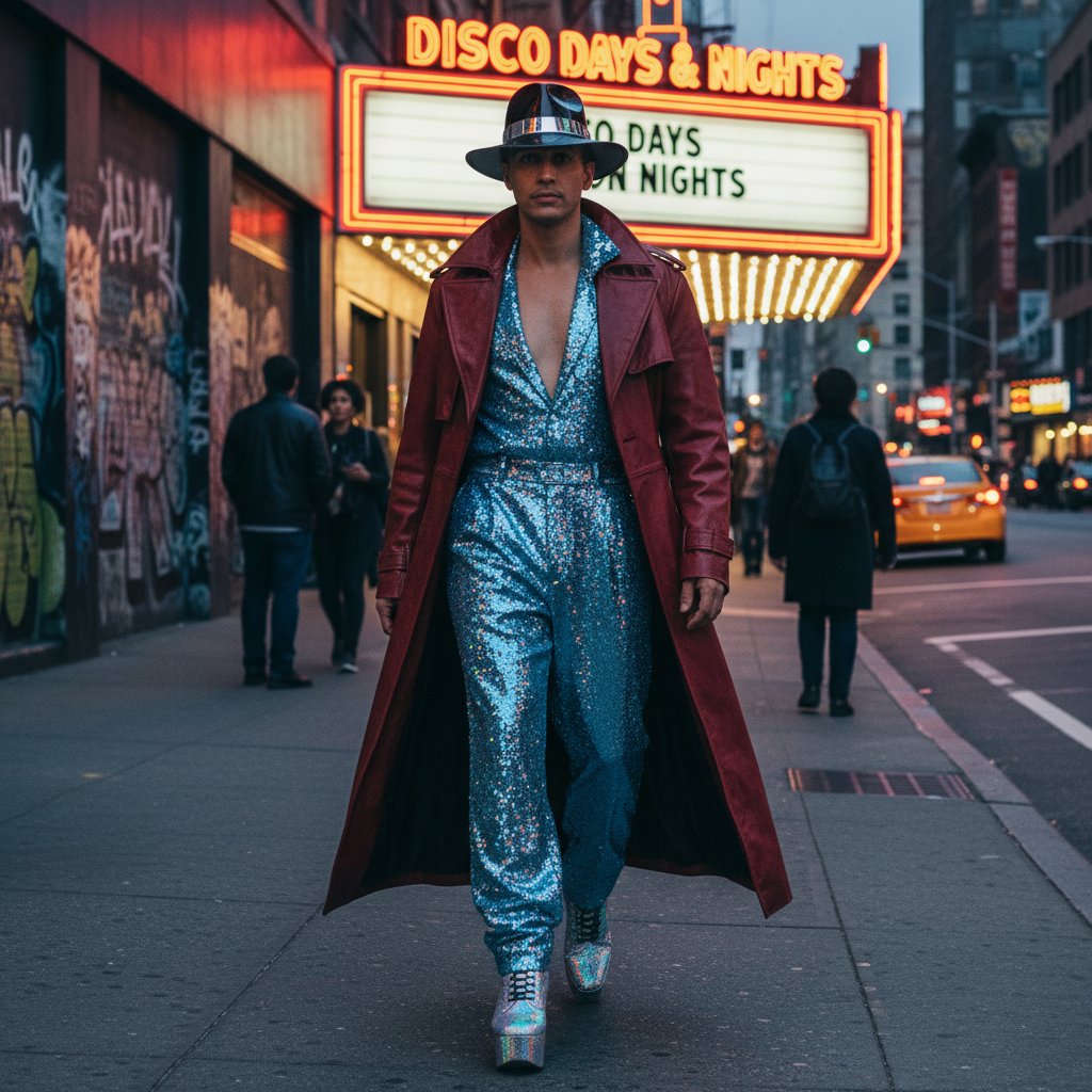A street scene with people wearing outfits inspired by iconic movie costumes, from disco suits to black trench coats