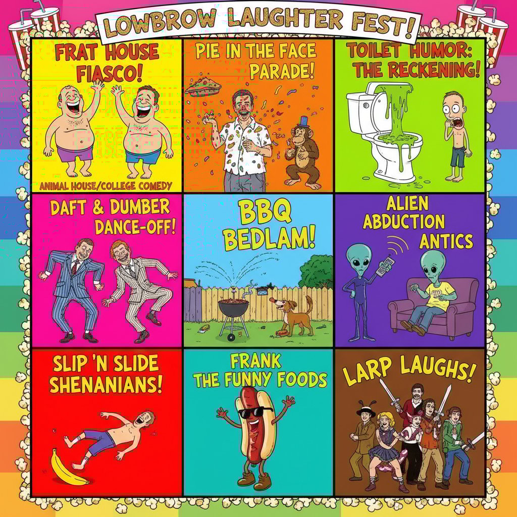 Colorful grid iconic movie posters lowbrow comedy subgenres