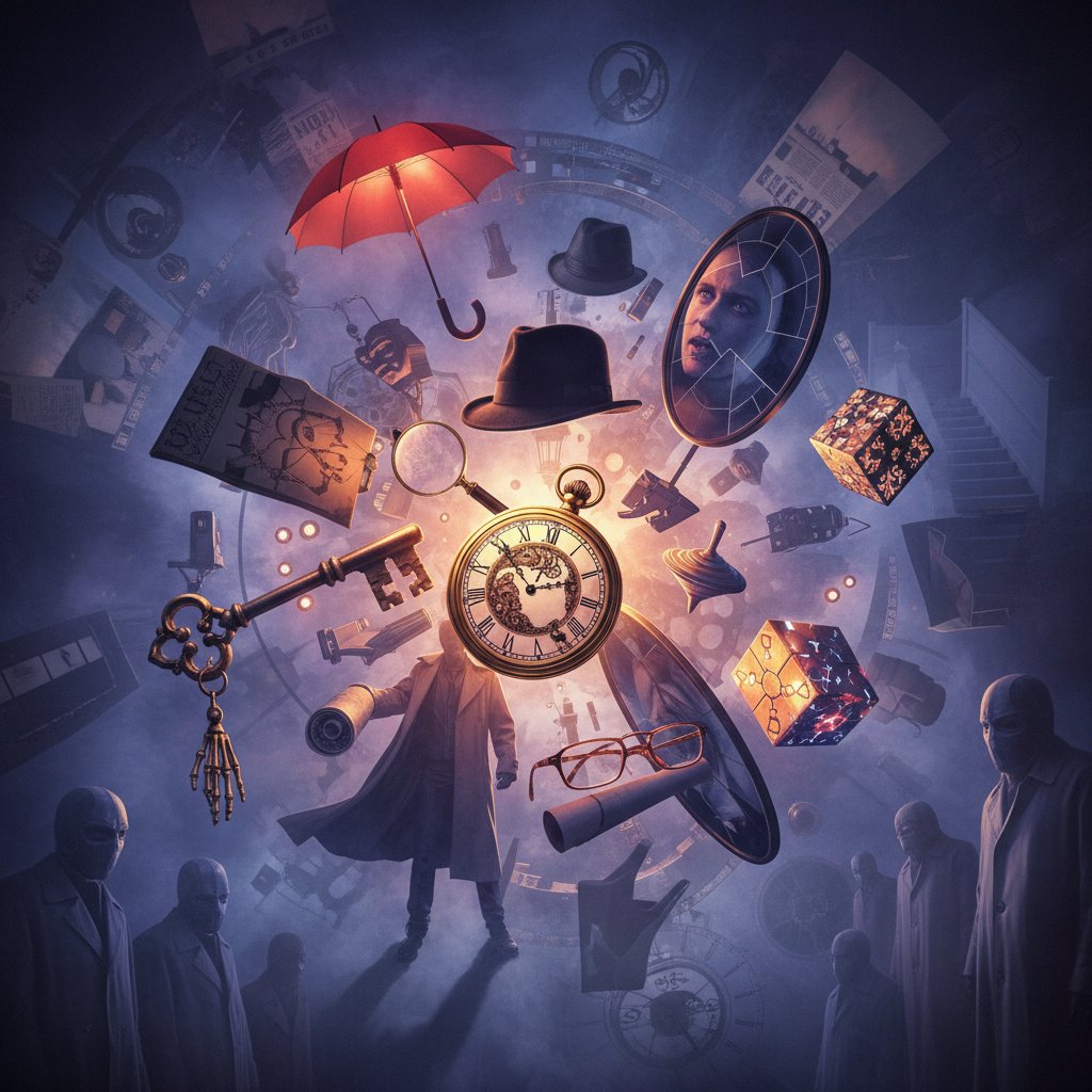 Collage of iconic movie props from mystery thriller movies in a surreal, dreamlike environment, edgy and symbolic style
