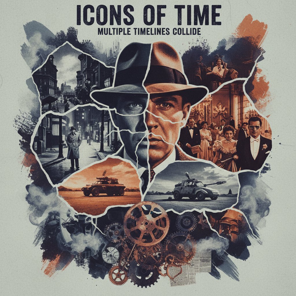 Montage of iconic movies with multiple timelines, showing narrative complexity across film eras