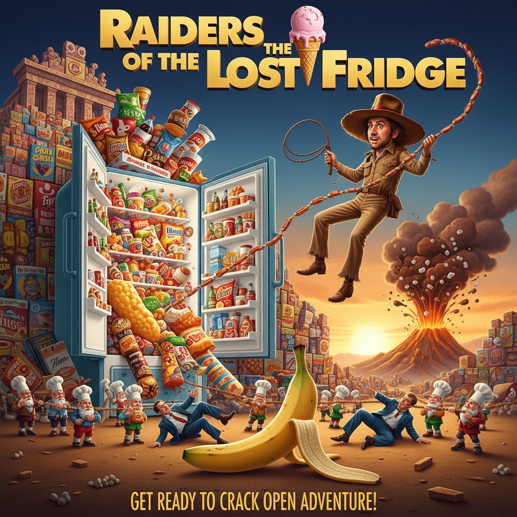 Iconic parody movie scene with larger-than-life props and exaggerated comedy