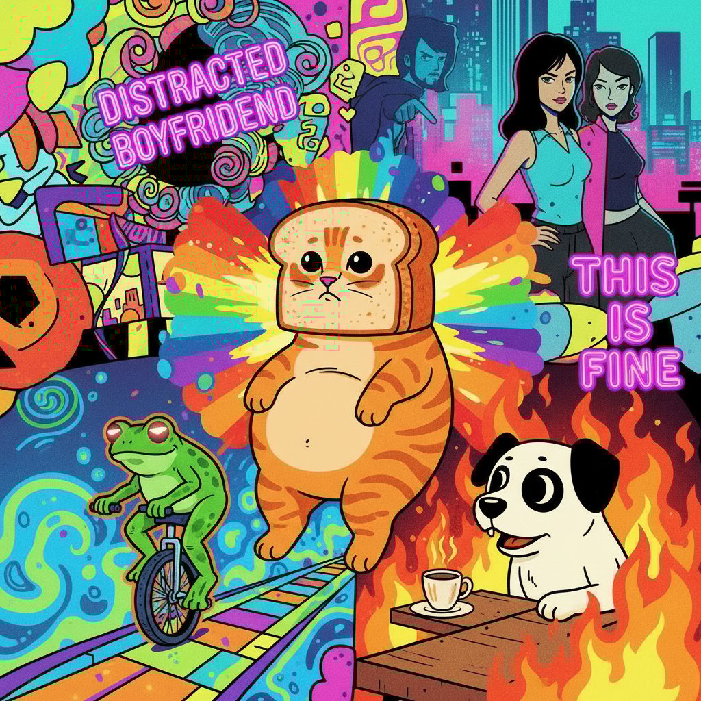 Stylized collage of iconic scenes as internet memes, vibrant, 16:9