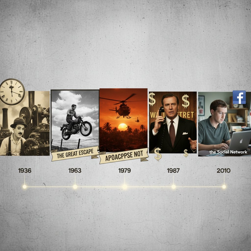 Collage of iconic scenes from essential occupation movies, 1920s to 2020s