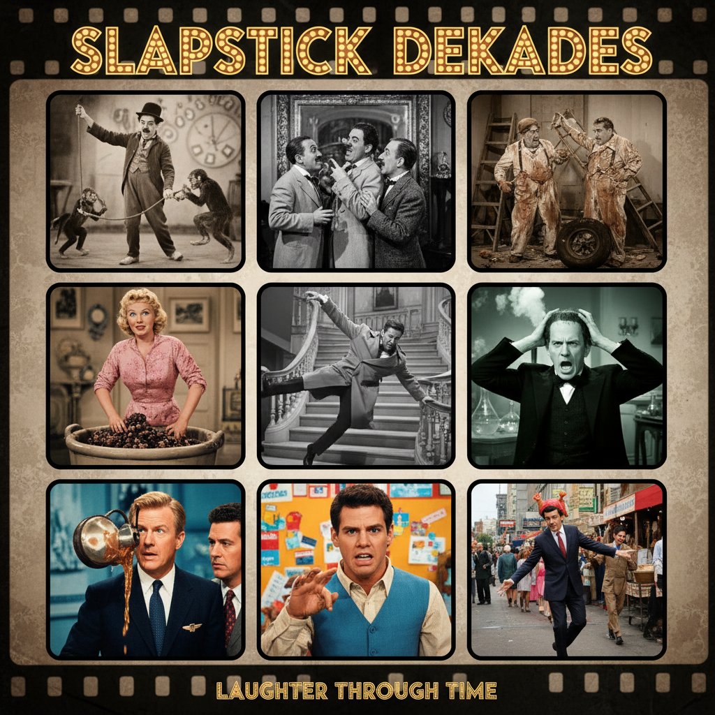 Collage of iconic slapstick movie moments across different decades, slapstick movies history