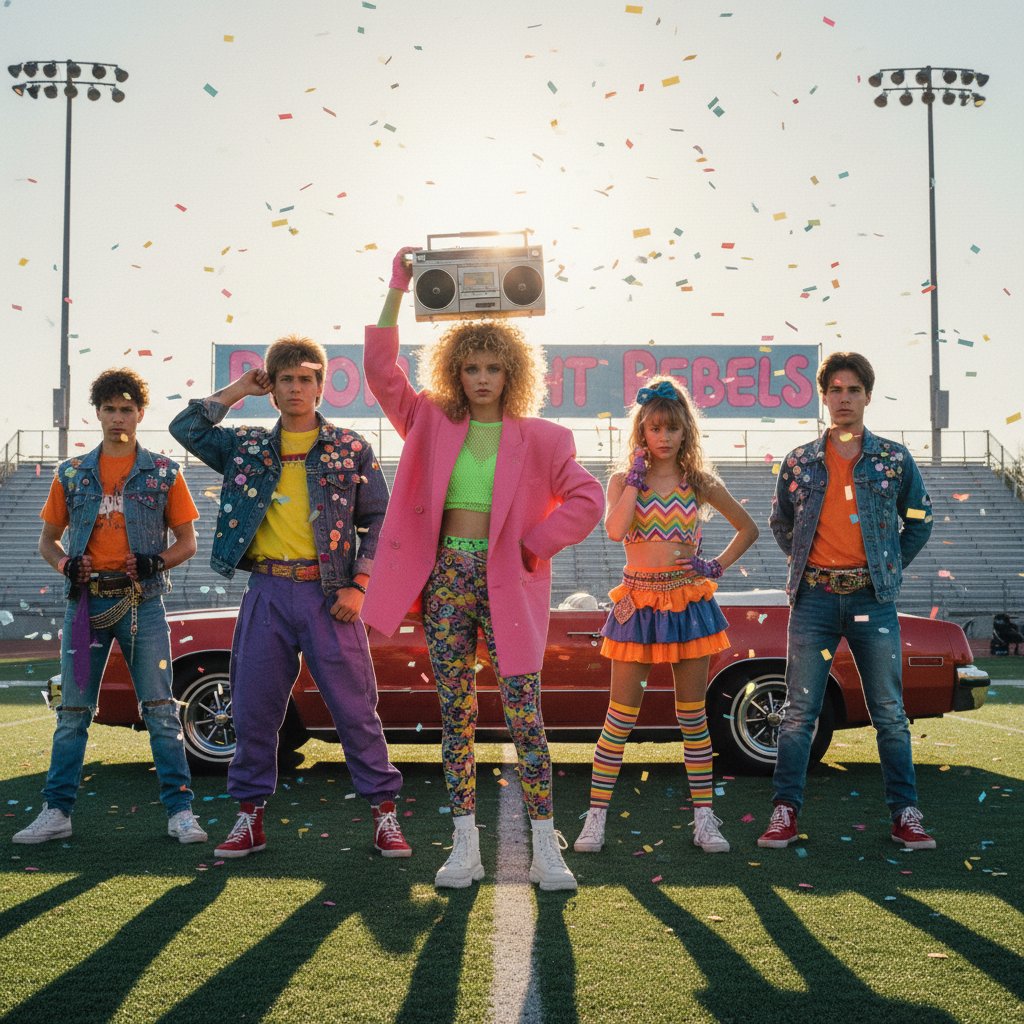 Iconic scene from a John Hughes movie with teens in colorful 1980s outfits