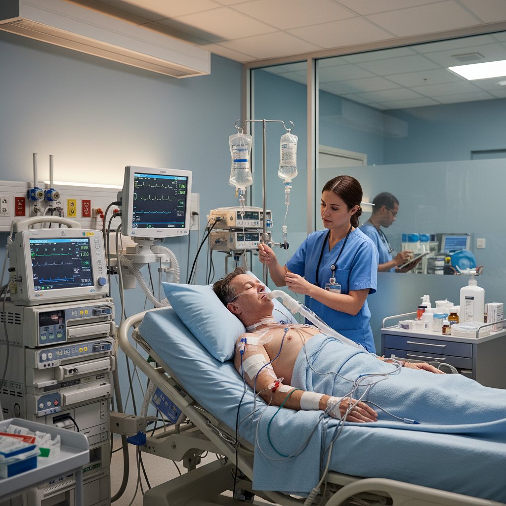 Szpitalna sala intensywnej terapii z pacjentami po operacji serca, sprzęt monitorujący