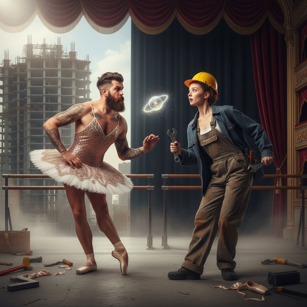 Symbolic photo of identity exchange in body-swap comedies, two people exchanging outfits in a dreamlike environment