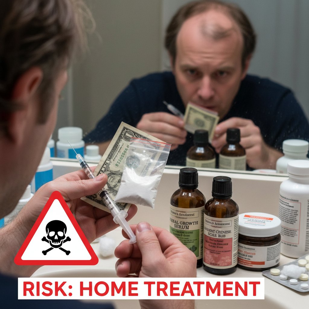 Butelki nielegalnych leków i ryzykowne kuracje przeciw łysieniu w domowych warunkach