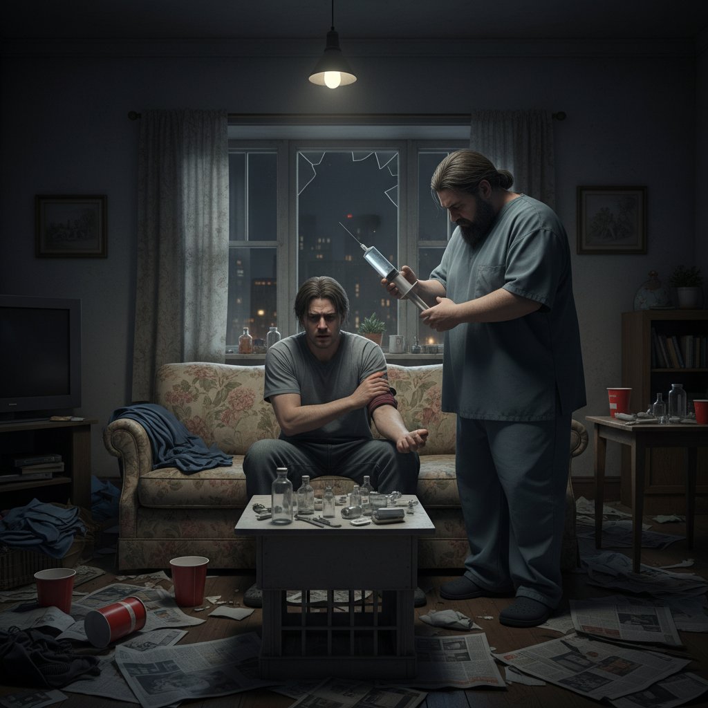 Zaniedbane pomieszczenie, domowa iniekcja wykonywana przez niewykwalifikowaną osobę