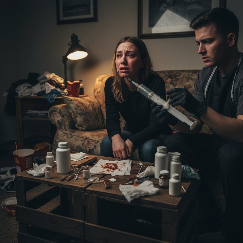 Nielegalny zabieg powiększania ust w mieszkaniu, brak sterylności, wyraźne napięcie na twarzach