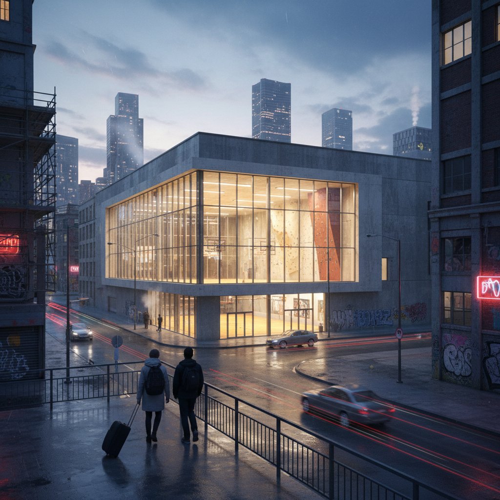 Sportowa hala w mieście o zmierzchu otoczona przez ludzi z bagażami, napięcie przed wydarzeniem