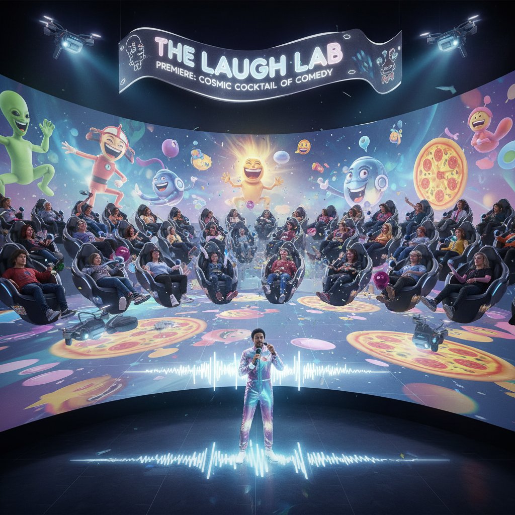 Audiences at an immersive, tech-driven comedy premiere, showcasing interactive, futuristic comedy cinema experience