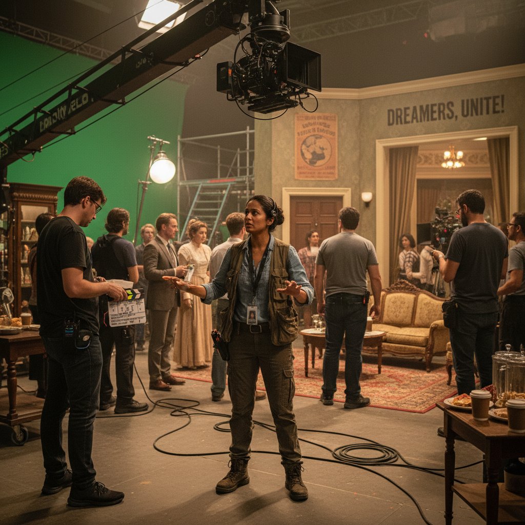 Immigrant director behind the scenes of a film, portrait-style shot with camera and crew