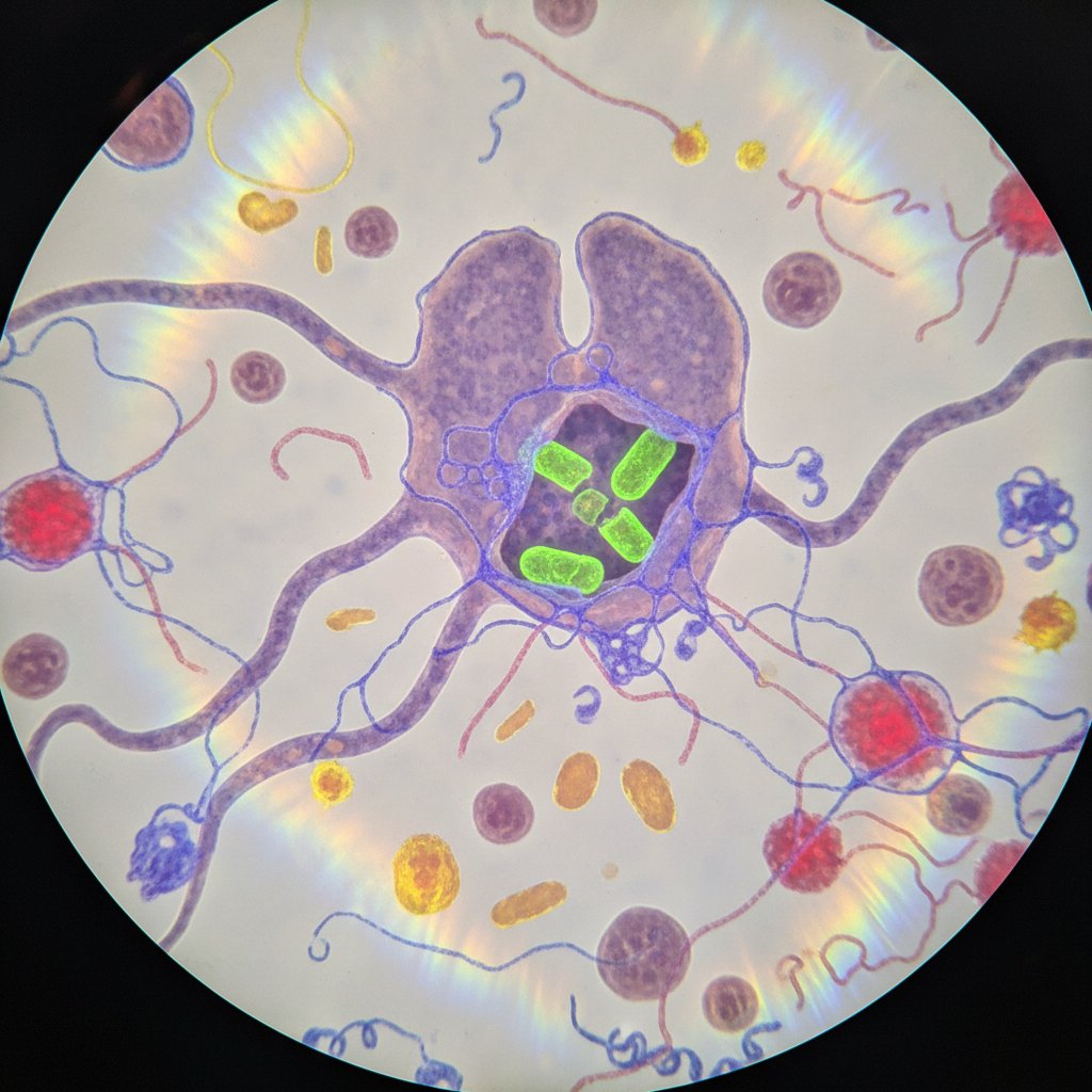 Zdjęcie mikroskopowe komórek odpornościowych pochłaniających patogeny, z widocznymi strukturami białkowymi